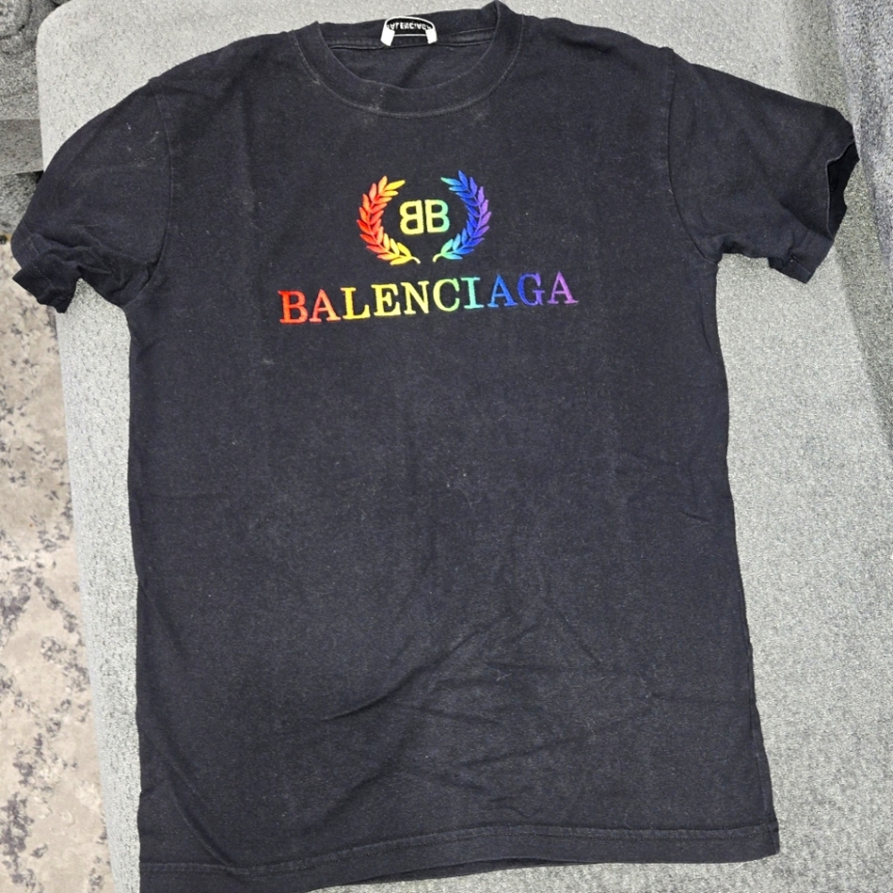 Balenciaga Black Tee with Multicolor Emblem